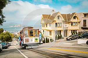 Cable Car in San Francisco climbing up hill, California, USA