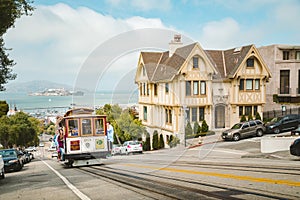Cable Car in San Francisco climbing up hill, California, USA