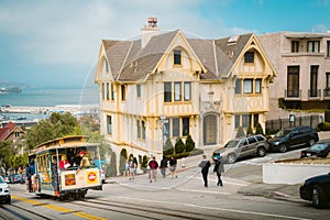 Cable Car in San Francisco climbing up hill, California, USA