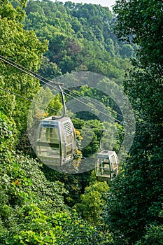 The cable car that shuttles through the green forest in the mountains