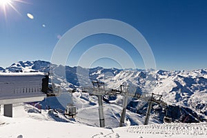 Cable car on the ski resort in France. Beautiful winter landscape and snow covered mountains