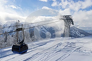 Cable car are at the ski resort Gazprom. Krasnaya Polyana, Russia