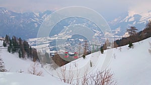 The cable car on snowy Mount Katrin, Bad Ischl, Austria