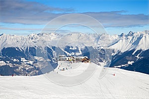 Cable car station and restaurant on mountain summit