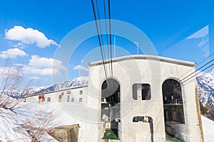Cable car station of Tateyama Kurobe Alpine Route and the snow m