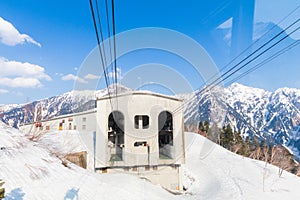 Cable car station of Tateyama Kurobe Alpine Route and the snow m