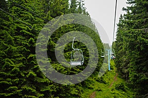 Cable car strings of a teleferic over a gree photo