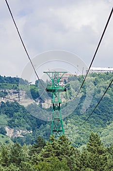 Cable car support with load-bearing ropes. The support is installed on a high-altitude area.