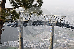 Cable car system above city in mountain landscape