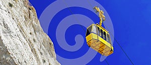 Cable car to Rosh HaNikra grotto in North Israel. Touristic Cable Way to Geologic Formation of grottos. Tourism Conception. Wide