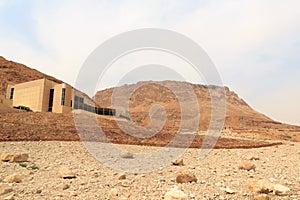 Cable car to ruins of palace and fortress Masada on Judaean Desert rock plateau, Israel