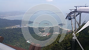 Cable car to the top of Langkawi island and panoramic view of blue sky sea and mountains, Malaysia