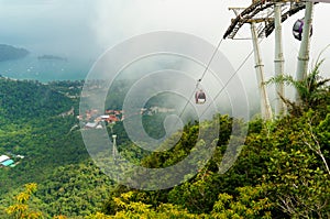 Cable car tower on a hill with cab going down