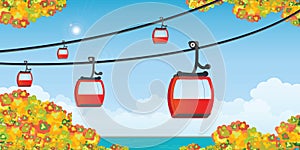 Cable car transportation rope way over autumn