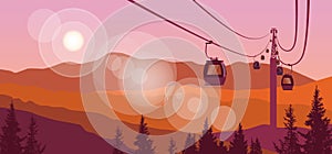 Cable Car Transportation Rope Way Over Mountain Hill Nature Background Banner With Copy Space