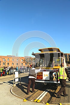 Cable car on turntable at Hyde and Beach Terminal in San Francisco