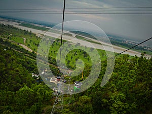 Cable car view from the top in Haridwar India, Cable trolley view, Cable car in India photo