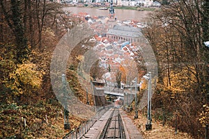 Cable car on the way to castle of Heidelberg through hlls