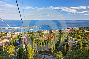 Cable car in Yalta resort town sea landscape