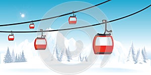 Cable cars or aerial lift on winter landscape with mountains