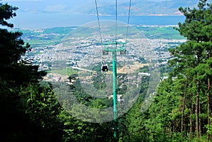 Cable cars carry people to the summit of Mount Cangshan photo