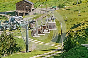 Cable cars on lift in Pyrenees Mountains