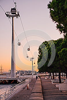 The cable cars overlook the Vasco da Gama bridge on the Tagus river.