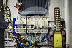 Cable chaos in electric control panel close-up