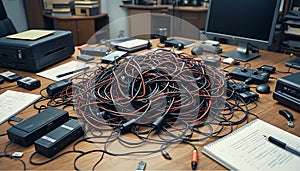 Cable Clutter: Disorganized Tech Desk with Tangled Wires & Electronics