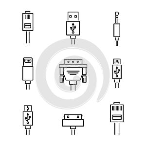 Cable conectors and plugs icons set, vector illustration