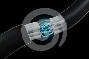 Cable with extended core, electronic connection product, with lightning effect 3d rendering