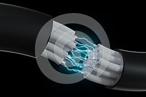 Cable with extended core, electronic connection product, with lightning effect 3d rendering