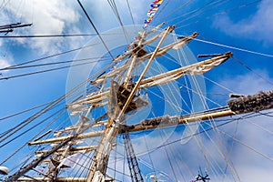 Cable ladders, mast and ropes of a sailing ship against the blue sky. Concept of travel, adventure and sea.