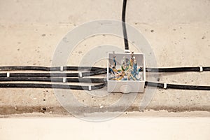 Cable laying ceiling. Electrical wires on wall. Wiring replacement. Connecting light in flat or office. Professional installation