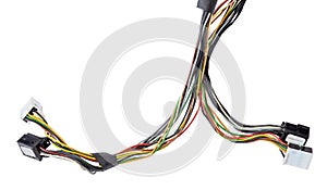 A cable of matted wires of different colors with connectors in the electrical wiring of the car. Internet line in the work of the