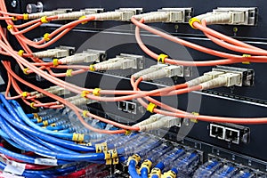 Cable network, fiber optic cable connect to switch port in server room