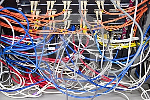 Cable network in server room cable tangled of poorly routed cables Concept Organized photo