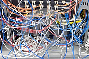 Cable network in server room cable tangled of poorly routed cables Concept Organized Cabling in server rooms photo
