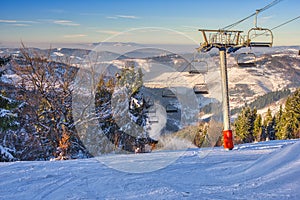 Cable railway over Laliky slope on Velka Raca mountain on Kysucke Beskydy during winter