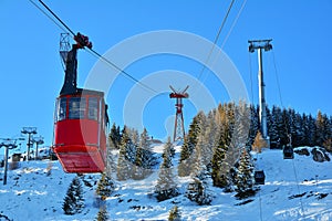 Cable red car transportation at 2000m in Bucegi Mountains, Sinaia