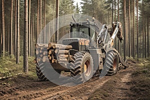 Cable skidder pulling logs in forest