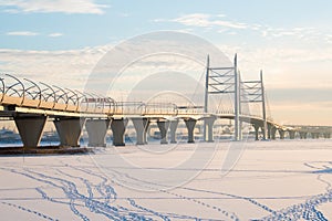 Cable-stayed bridge across the Korabelny fairway. Winter. Saint Petersburg. Russia