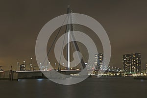 Cable-stayed bridge with the buildings at night