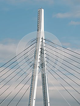 A cable-stayed bridge called tempozan bridge across the Aji River in Osaka Japan. View to one of the pylon