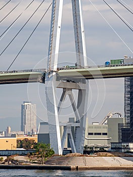A cable-stayed bridge called tempozan bridge across the Aji River in Osaka Japan. View to one of the pylon
