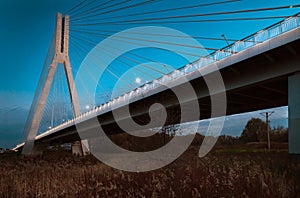Cable-stayed bridge close-up in the evening