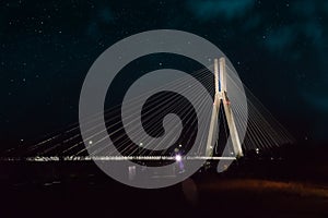 Cable-stayed bridge close-up at night