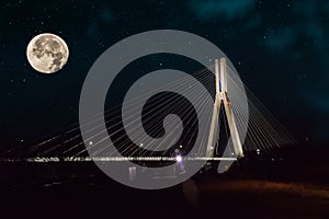 Cable-stayed bridge close-up at night