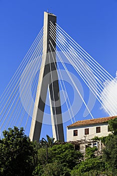 Cable stayed bridge with house