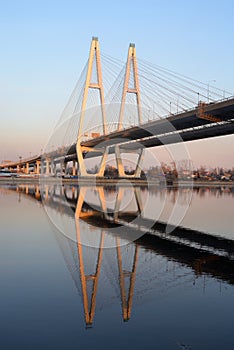 Cable stayed bridge and Neva river.